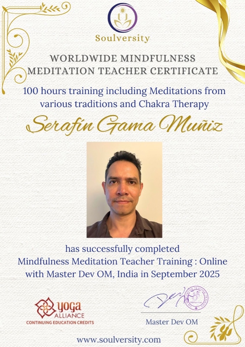 Certificado de Worldwide Mindfulness Meditation Teacher de Serafin Gama Muñiz